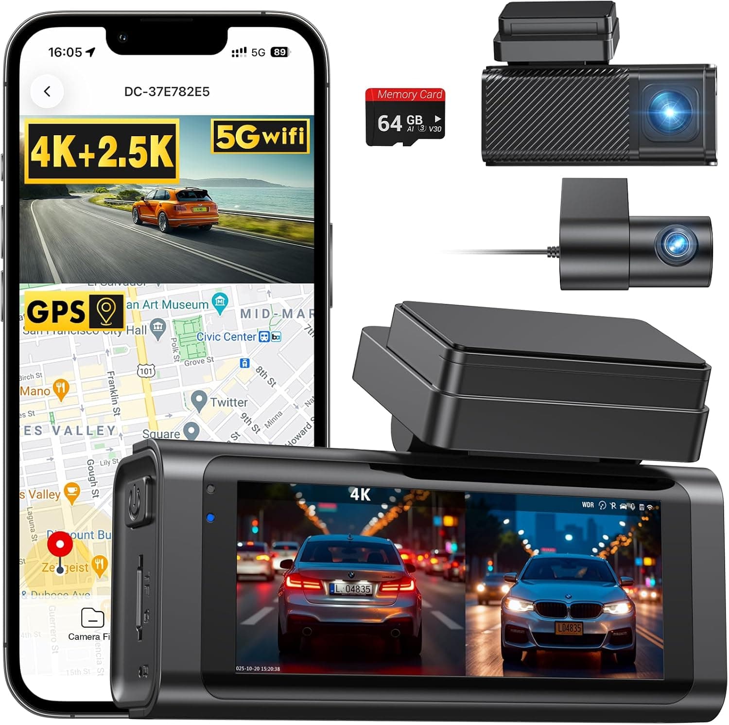 Beferich 4K Front and 2.5K Rear Dual Dash Cam with Built-In GPS, 5GHz WiFi, 64GB Card Included, Superior Night Vision and Smart App Control — 1 of 5
