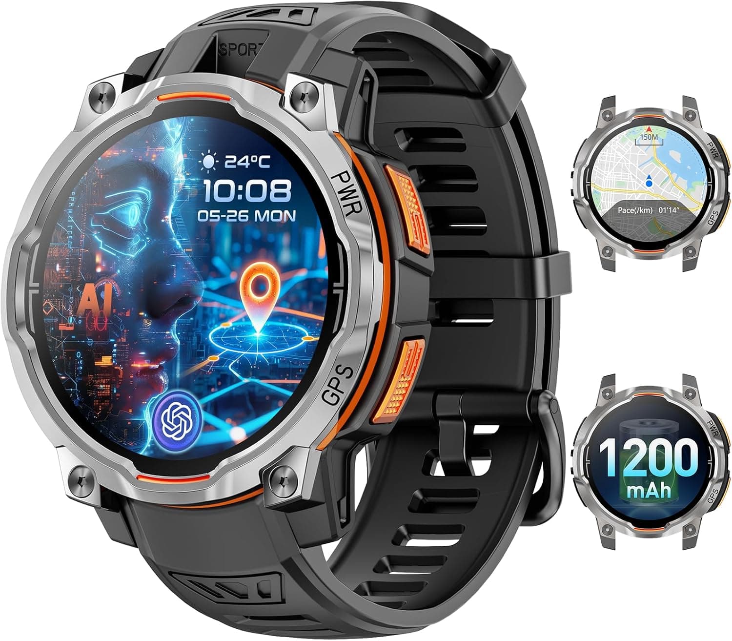 Military Smartwatch with 1.46 Inch Display GPS and Offline Maps Support Plus Massive 1200mAh Battery Capacity for Rugged Outdoor Navigation