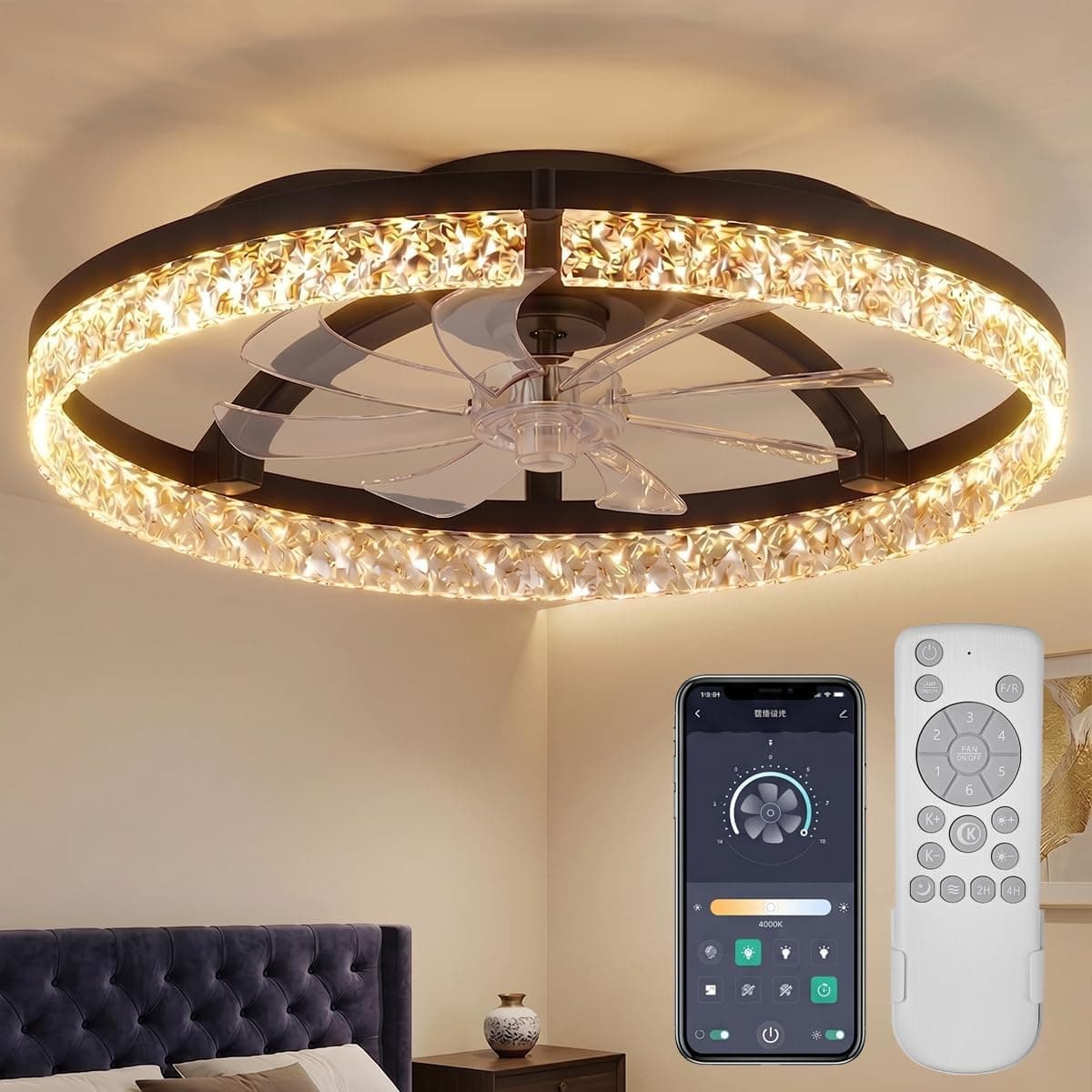 24-Inch Flush Mount Ceiling Fan with Integrated Light and Modern Low-Profile Design for Small Spaces, Bedrooms, Living Rooms and Kitchens — 1 of 5