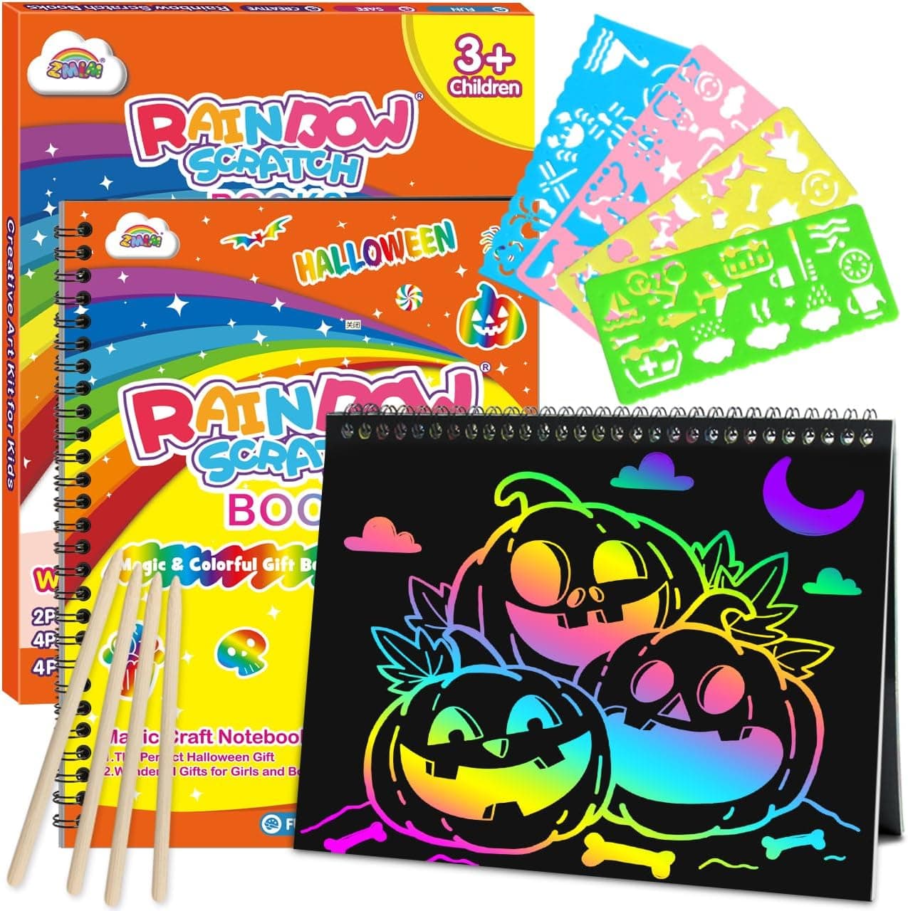 Scratch Paper Rainbow Notebooks 2 Pack with Wooden Stylus Pens and Stencil Templates for Kids Creative Drawing Arts and Crafts Activities