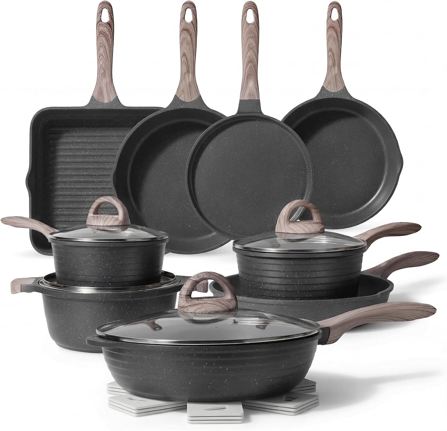 23-Piece Nonstick Pots and Pans Set in Grey with Triple-Layer Coating, Induction-Compatible Stovetop Base, Stay-Cool Handles and Oven Safe Up to 464°F — 1 of 5