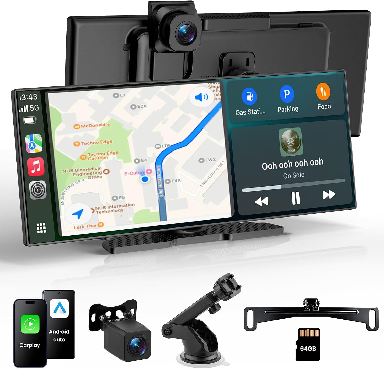 11.5 Inch Wireless CarPlay Screen with 4K Dash Cam and 1080P Backup Camera, Touchscreen Display, Bluetooth Connectivity and Easy Dashboard Mount