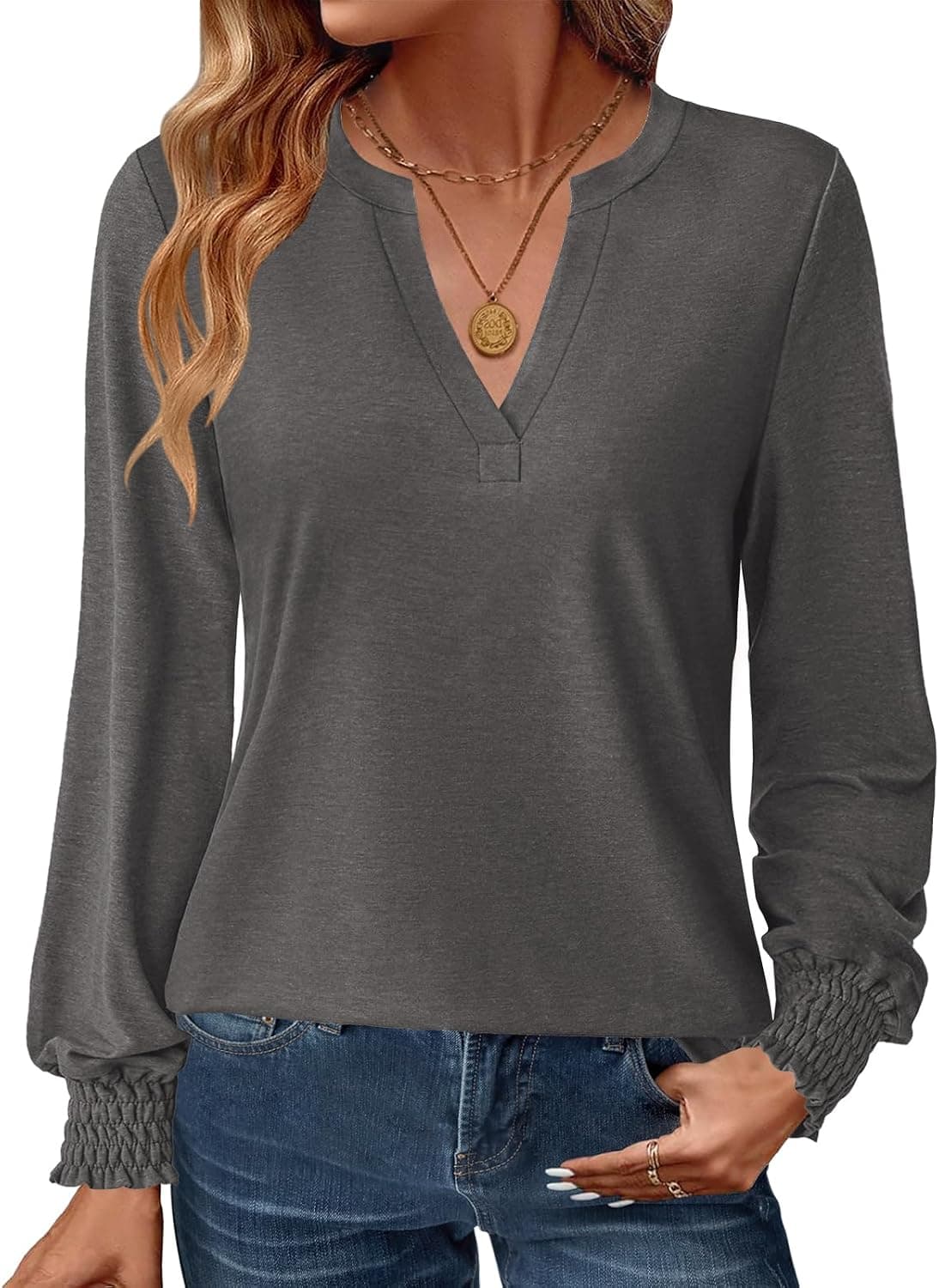 Amazon Essentials Women's V-Neck Long Sleeve Blouse Featuring Comfortable Casual Fit Breathable Fabric Elegant Everyday Wear Classic Solid Colors — 1 of 5