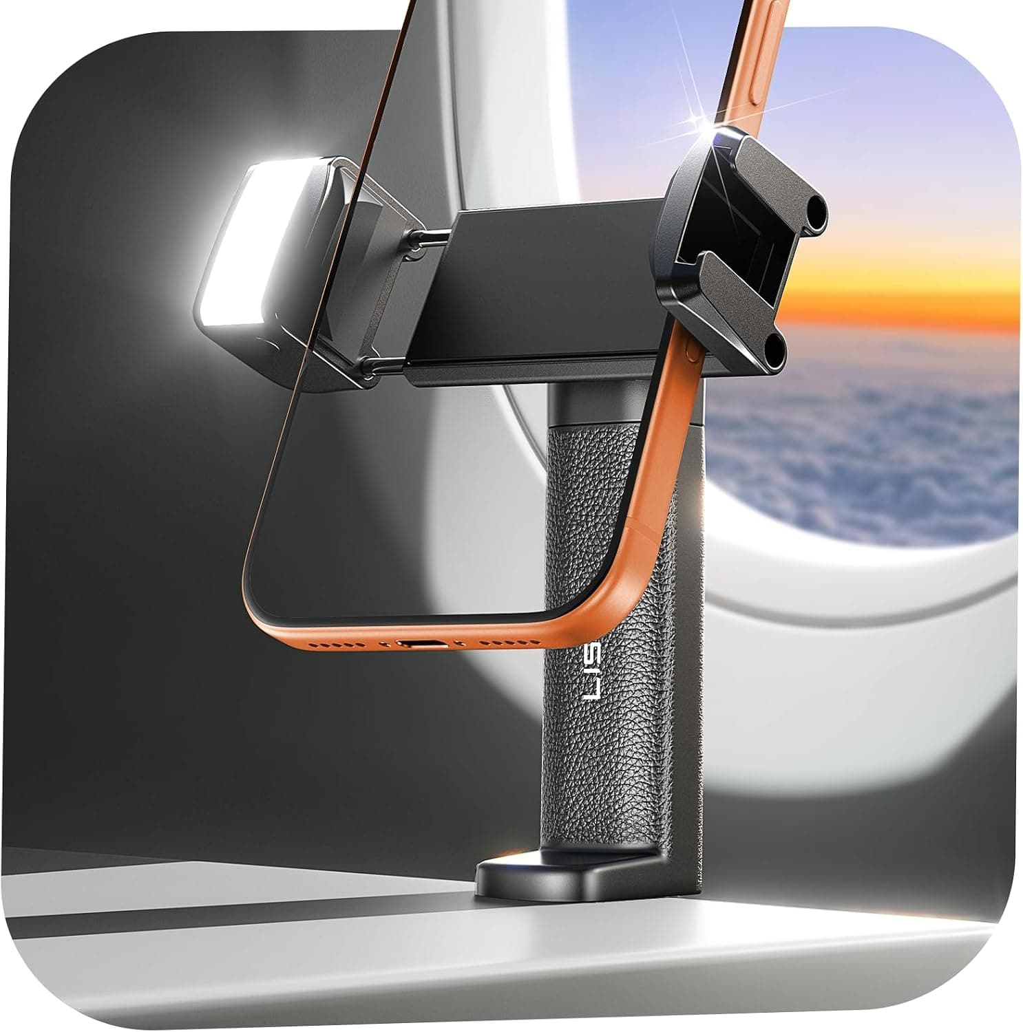 Airplane Phone Holder with Built-In LED Light for Hands-Free Travel Entertainment, Adjustable Viewing Angles, Universal Clamp and Foldable Design — 1 of 5