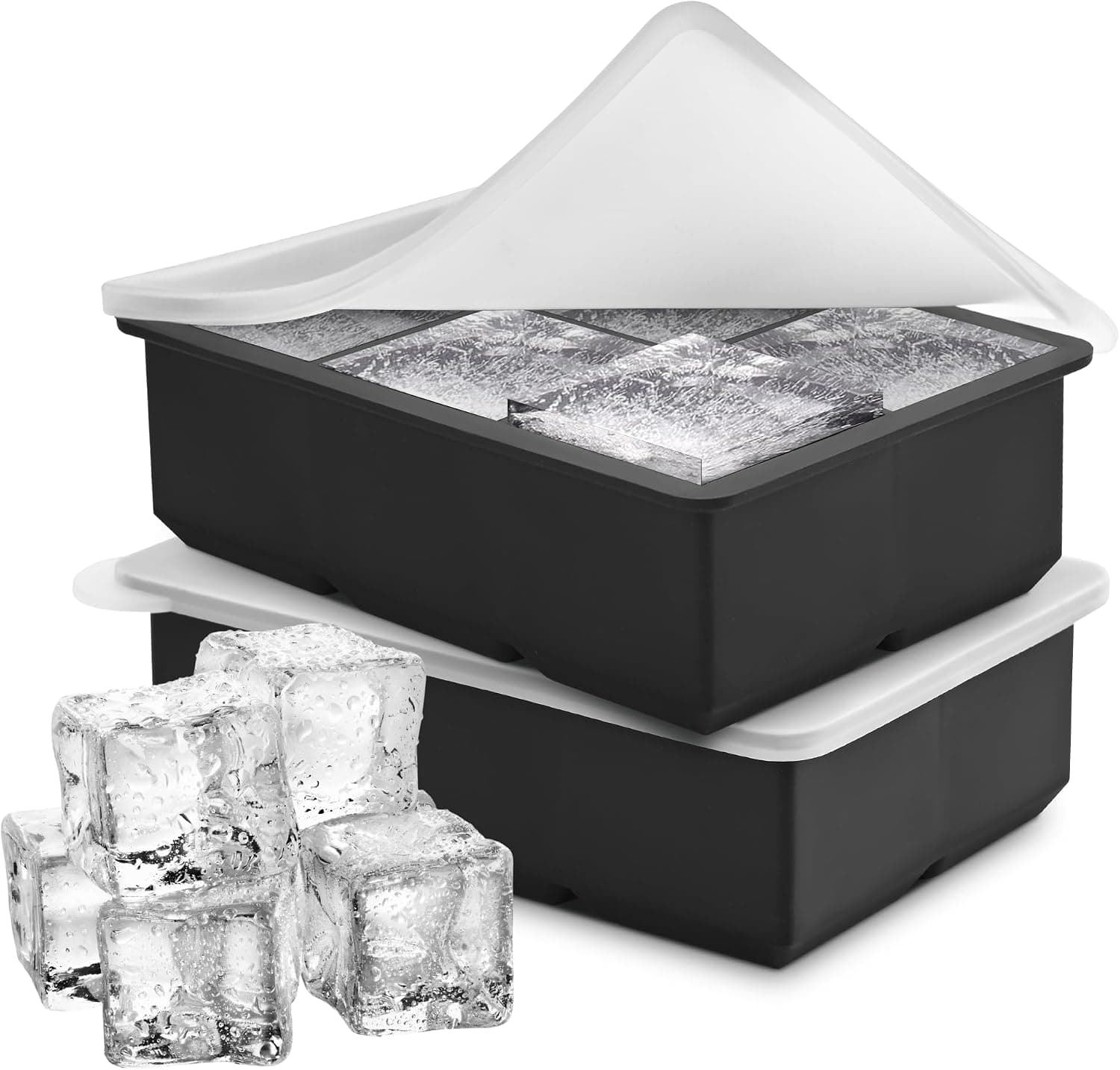 Silicone Ice Cube Tray with Lid 2 Pack Making Six Large 2-Inch Square Cubes for Slow Melting Drinks, Flexible BPA-Free Material and Stackable Design