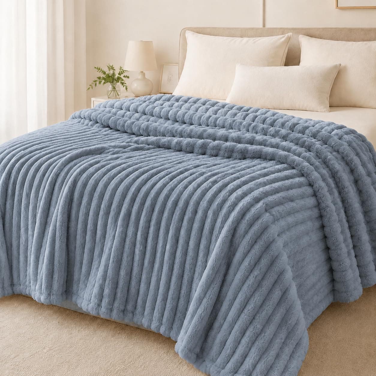 Carlmaya Full Size Fleece Blanket 80x90in in Upgraded Ribbed Texture with Soft Warm Lightweight 330GSM Microfiber Polyester for All Seasons