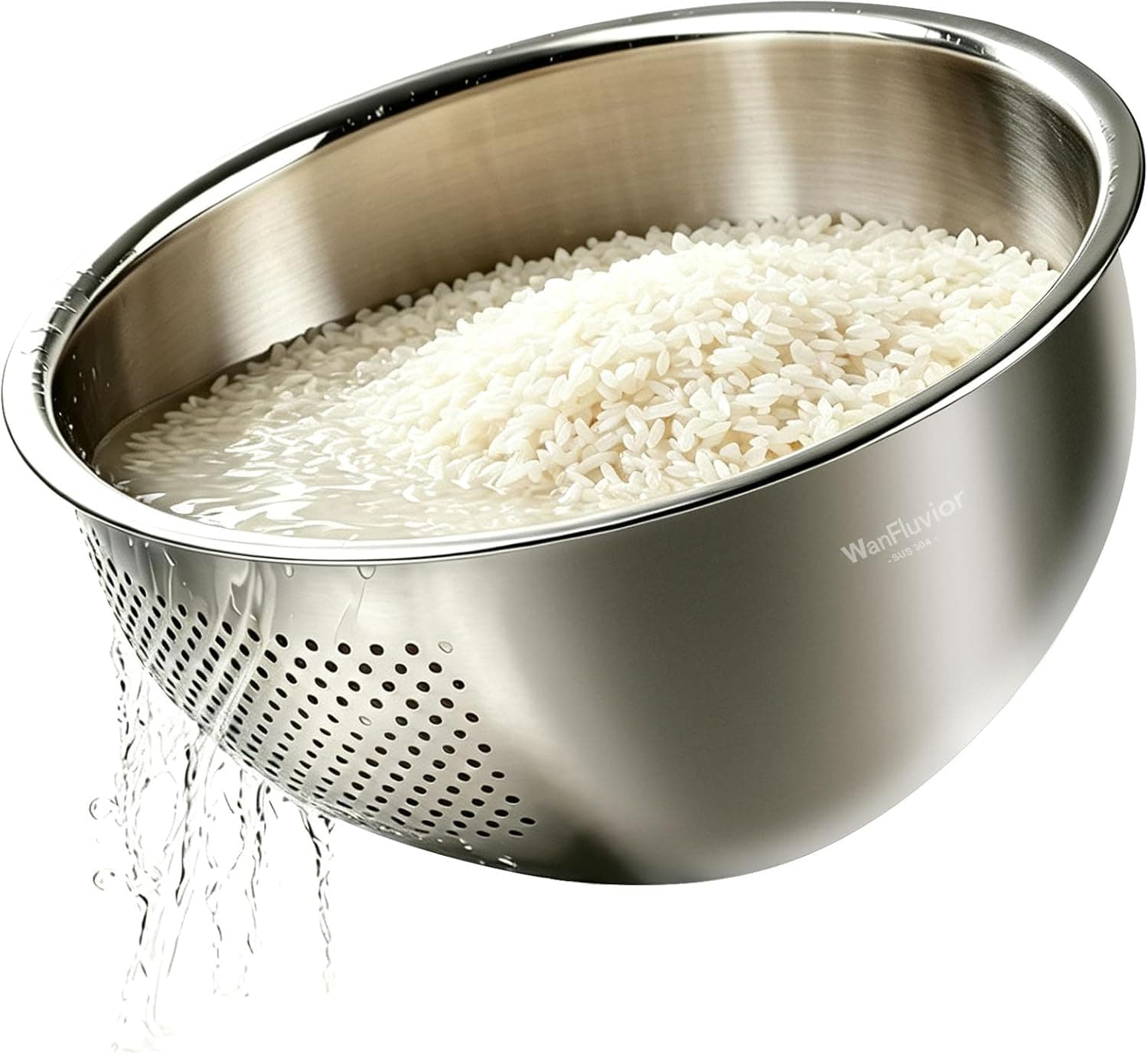 Rice Washer Strainer Bowl 4QT Stainless Steel Colander with Micro-Perforated Drainage Holes, Ergonomic Side Handle, and Rust-Resistant Design — 1 of 4