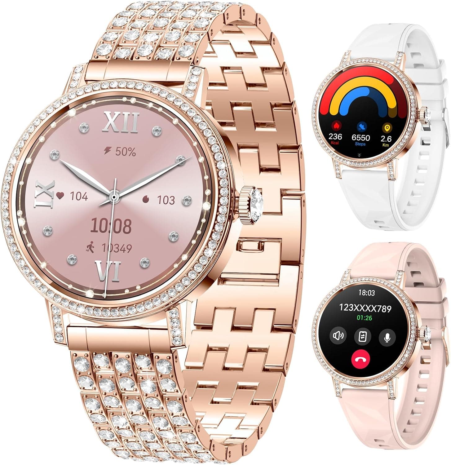 1.27" Womens Smartwatch with Diamonds Featuring Touchscreen Display, Fitness Tracking, Heart Rate Monitor, and Bluetooth Calling