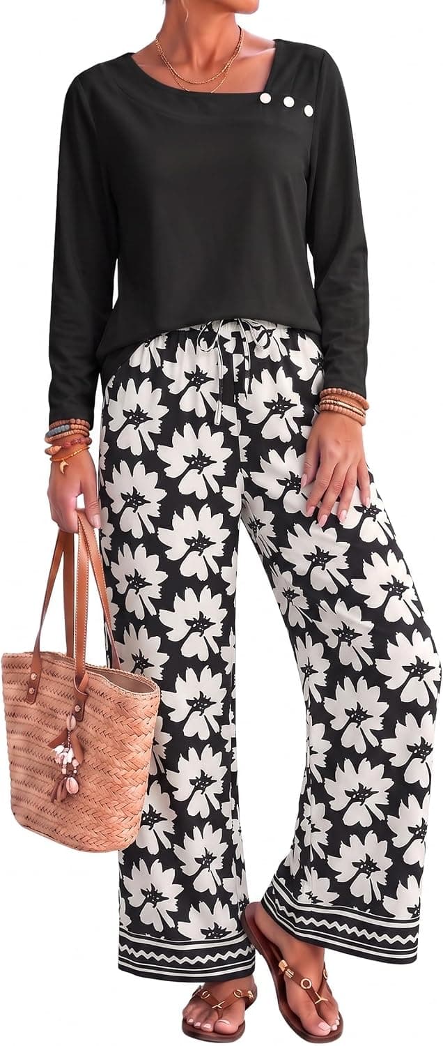 Two-Piece Printed Wide-Leg Lounge Set with Relaxed Fit, Breathable Lightweight Fabric, Elegant Matching Top and Comfy Elastic Waistband — 1 of 5