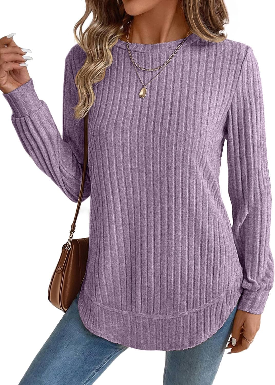 Womens Long Sleeve Tunic Top Crew Neck Sweater with Curved Hem Ribbed Knit Material and Loose Fit Silhouette for Fall Winter Casual Wear