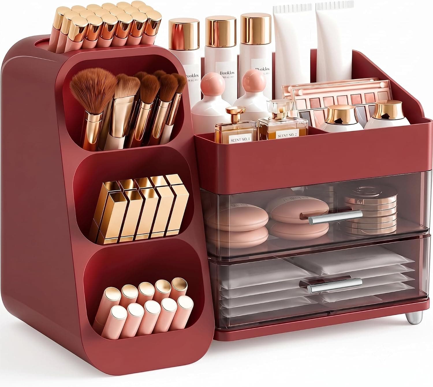 Booklov Large Crystal Red Acrylic Makeup Organizer with 10 Compartments, 2 Drawers, Tall Bottle Ready Capacity, Dust-Proof and Non-Slip Tabletop