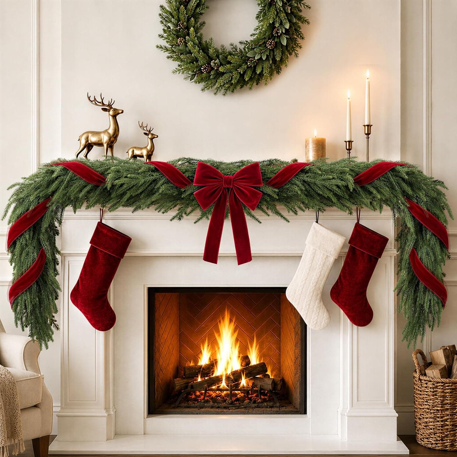 6FT Norfolk Pine Garland with Red Velvet Ribbon Bows Featuring Realistic Greenery Needles, Flexible Branch Design and Festive Holiday Decor Style
