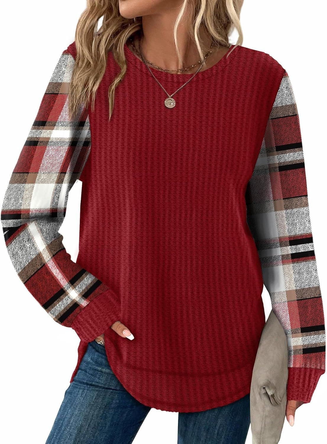 Waffle Knit Long Sleeve Crewneck Tunic Top with Flattering Curved Hem, Soft Textured Fabric, Versatile Styling and True to US Sizing