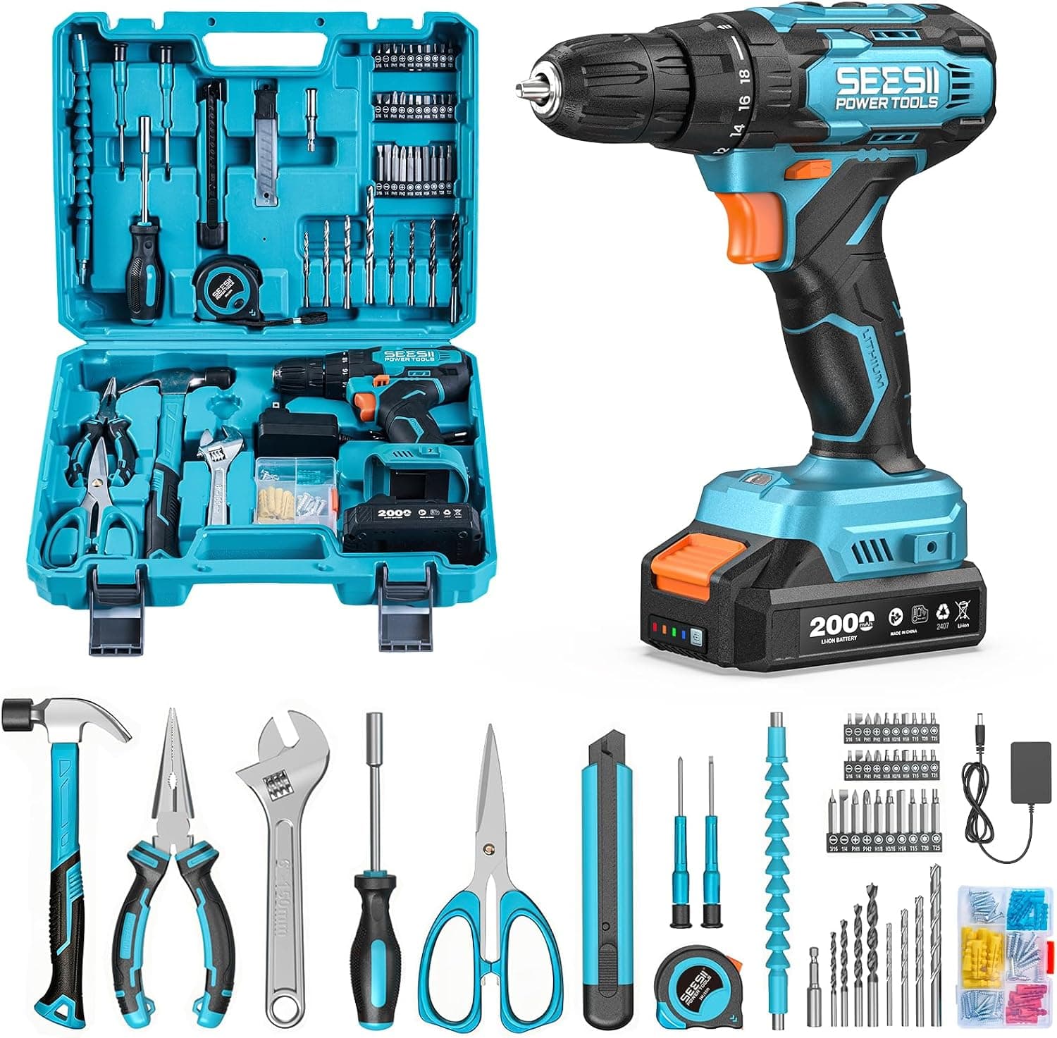Seesii 20V Cordless Power Drill Set with 183 Pieces, 18+1 Precise Clutch Control, Two-Speed Gearbox and Flexible Shaft for Home Repair — 1 of 5