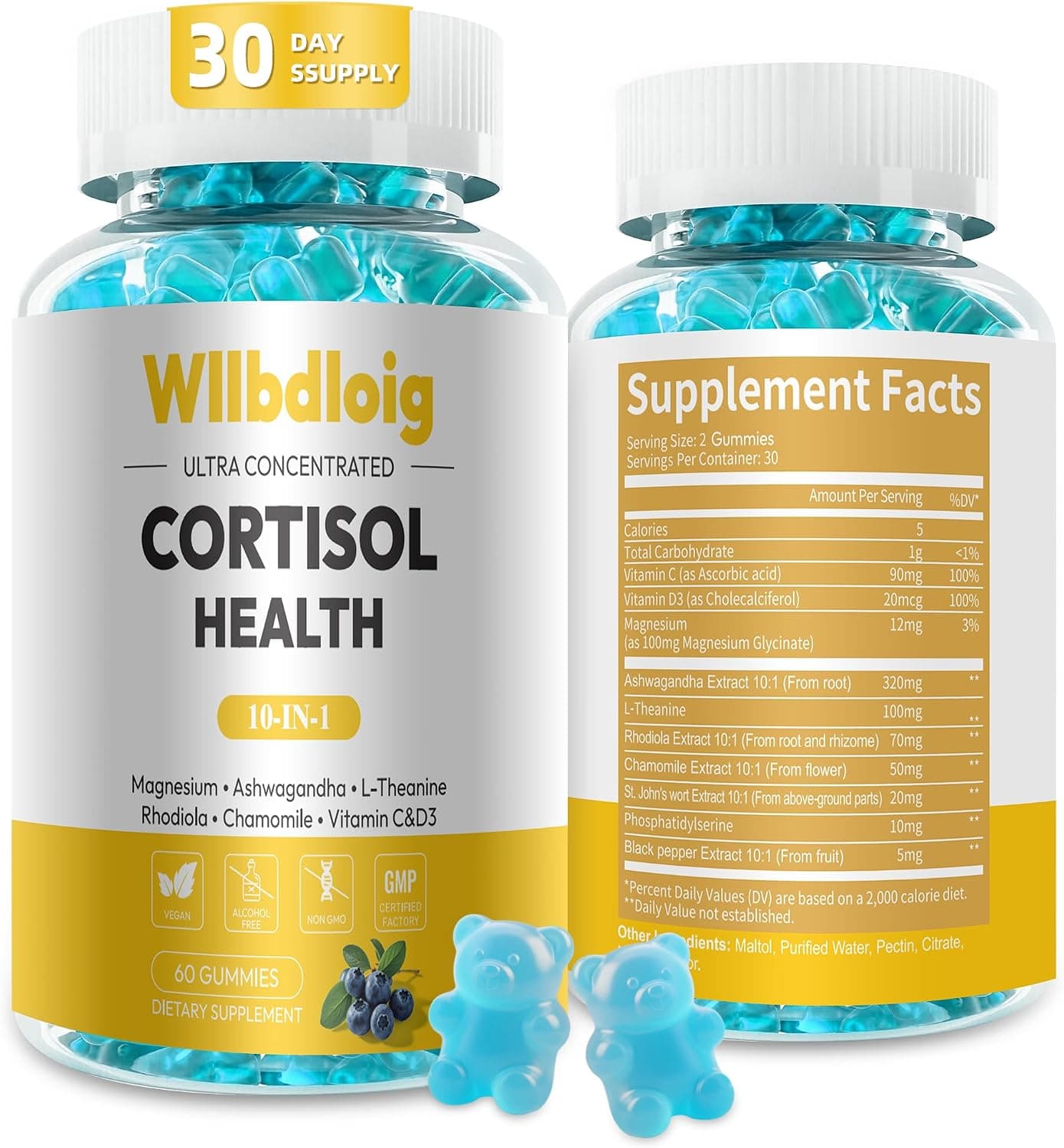 Wllbdloig Cortisol Supplements Gummies for Women with Ashwagandha, Magnesium, L-Theanine, Stress Relief and Sleep Support in Blueberry Flavor — 1 of 5