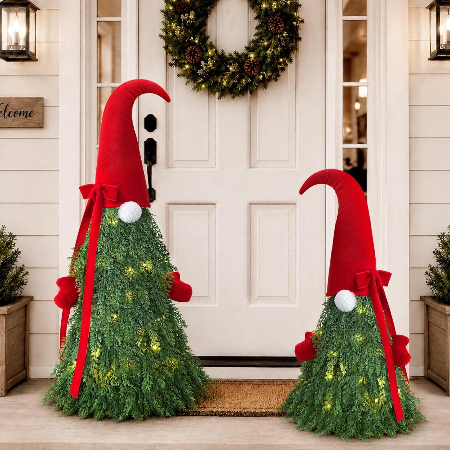 Christmas Gnome Topiary Trees 2-Pack 32 and 27 Inch Festive Holiday Decor with Pre-Lit Design and Weather-Resistant Materials for Indoor and Outdoor