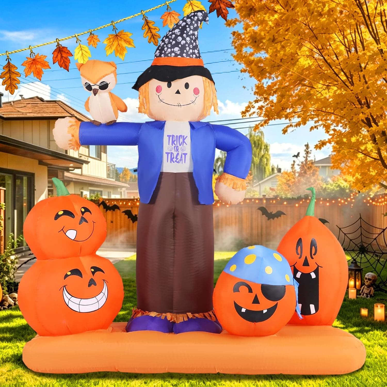 Inflatable Scarecrow with Pumpkins and Owl Fall Decor Featuring Built-in Fan, Durable Weather-Resistant Fabric and Bright Internal LED Lights — 1 of 5