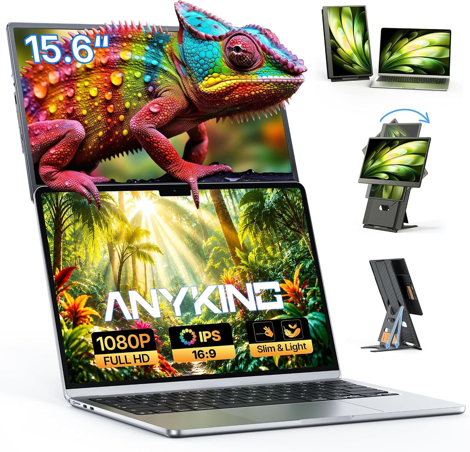 Anyking 15.6 Inch Laptop Screen Extender FHD 1080P IPS Portable Monitor with One-Cable Setup, Adjustable Stand, and VESA Mount Support